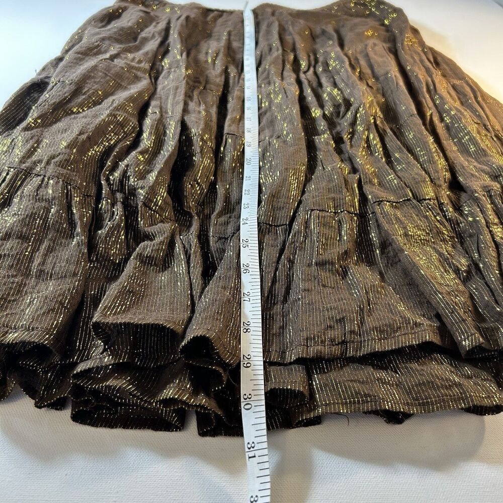 ZeroZero Y2K Hippie Boho Brown Cotton & Gold Metallic Thread Midi Skirt Size M - Picture 7 of 11